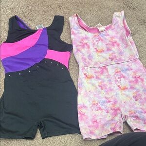 Girls Pink Tie-Dye & Black Colorblock Gymnastics Leotard Shorts Set bind d20